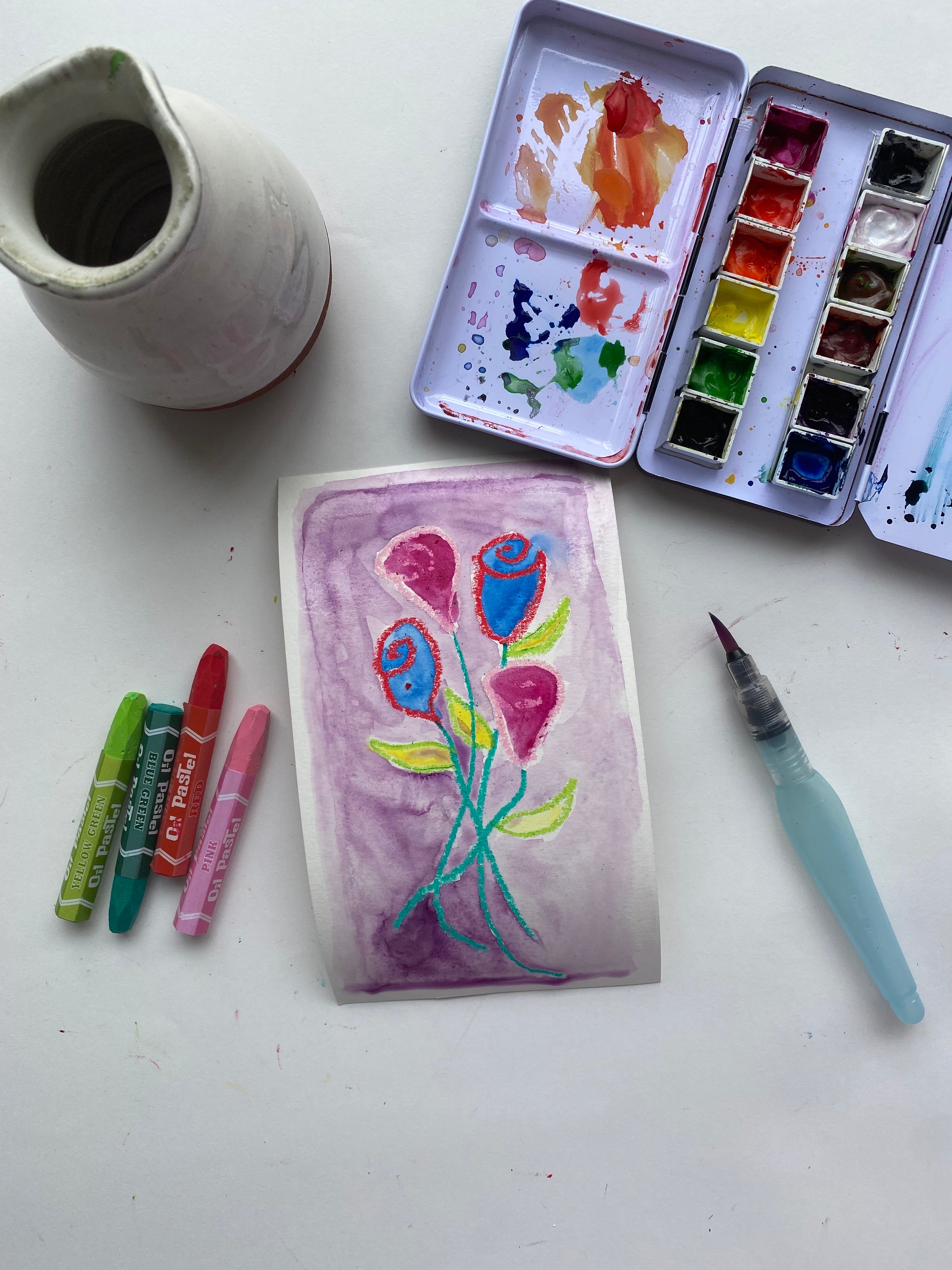 Oil Pastels and Watercolor Paints Process Art